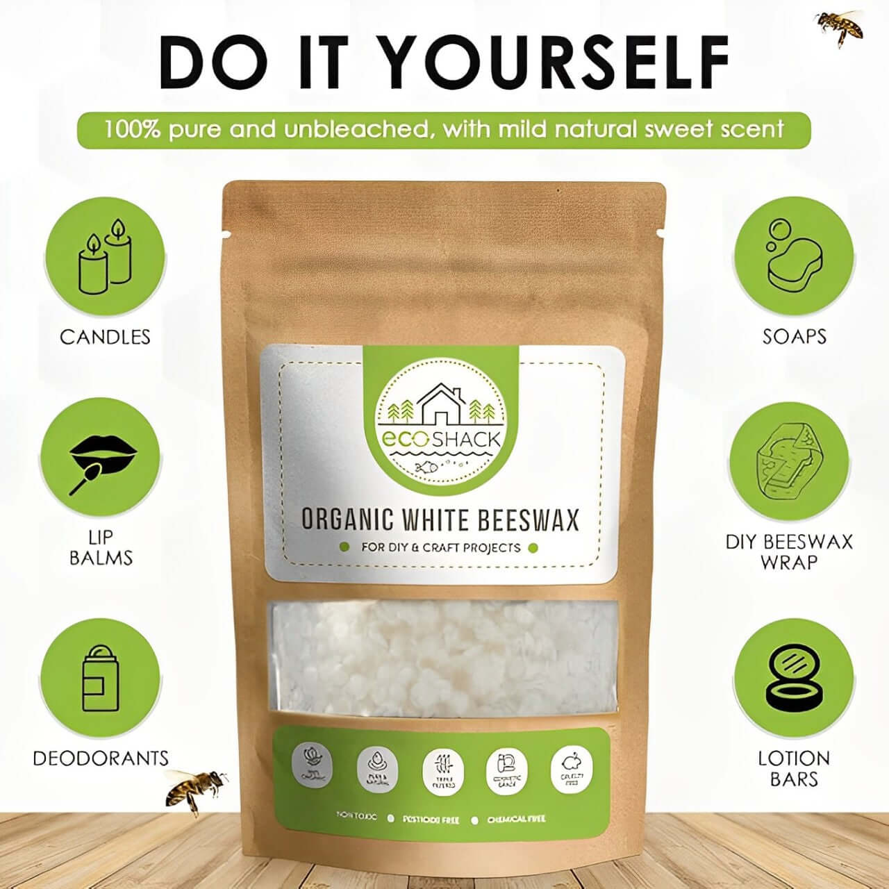 Ecoshack Organic White Beeswax Pellets - Natural Bees Wax for Face, Body, Skin Care DIY, Lip Balm and Soap Making Supplies - Easy Melt Candle Making - Cosmetic Grade Eco Friendly Products (500g)