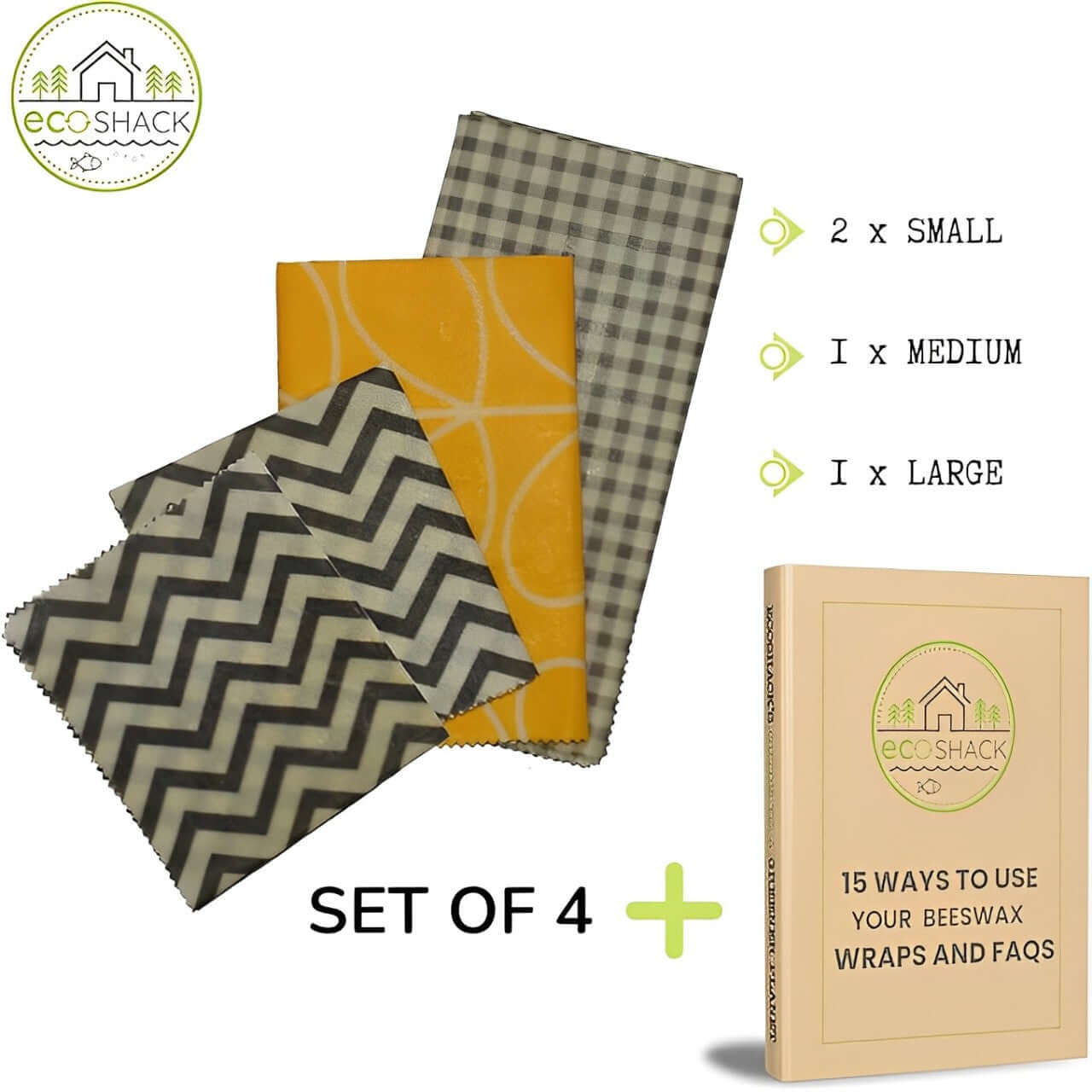 Ecoshack Beeswax Reusable Wrap Paper - 4 Pack Eco Friendly Food Wrapping Sheets - Sustainable Lunch Box Cover and Food Storage - Free E-Book- Small Medium and Large Size - Yellow Grey Colour